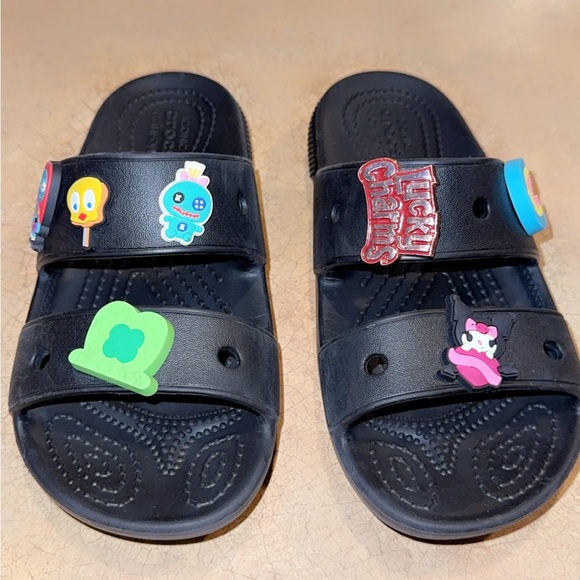 Black Slide Sandals with Colorful Charms - Picture 1 of 3